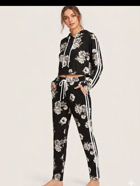 Black Floral Track Joggers with Side Stripes